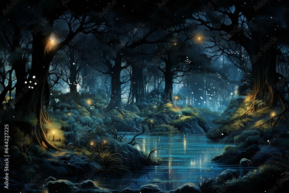 Forest and beach at night lit up by bioluminescence, surrounded by creatures. Generative AI