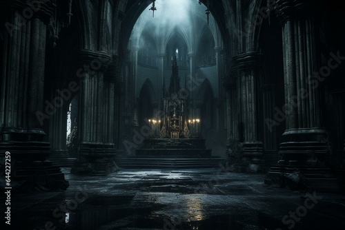 Mysterious, foreboding cathedral with medieval or gothic design. Sinister ambiance. Generative AI © Leila
