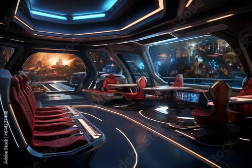 Futuristic ship interior featuring illuminated windows and abundant lighting. Generative AI © Esme