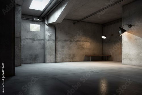 Minimalist concrete space with angled light and rough floor - industrial interior backdrop. Generative AI