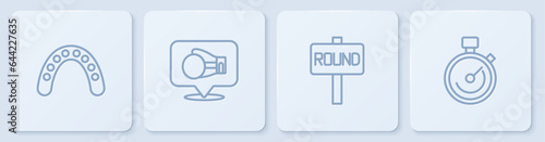 Set line Mouth guard boxer, Boxing ring board, glove and Stopwatch. White square button. Vector