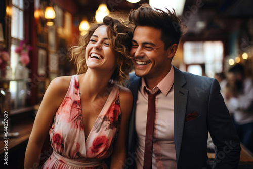 Love, romance fun concept. Young couple date in cafe bar restaurant and laugh. Happy student lifestyle job girl laughing chatting cheerful smiling. Girlfriend and boyfriend dating to build a family