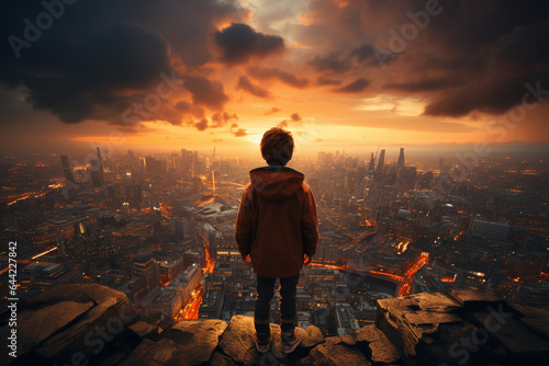 Toddler little superhero power concept. Back view of small boy standing on a cliff looking on the city at night sunset or sunrise while all the city sleep.
