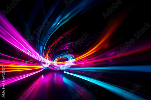Abstract neon wallpaper. Glowing lines over black background. Light drawing trajectory, twisted ribbon 