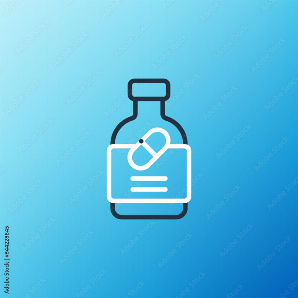 Line Medicine bottle and pills icon isolated on blue background. Bottle pill sign. Pharmacy design. Colorful outline concept. Vector Line Medicine bottle and pills icon isolated on blue background. Bottle pill sign. Pharmacy design. Colorful outline concept. Vector