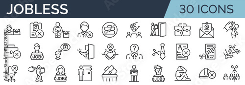 Set of 30 outline icons related to jobless, firing, retirement. Linear icon collection. Editable stroke. Vector illustration
