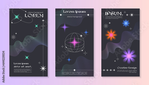 Vector insta story cosmic templates with linear shapes,blurred sparkles in 90s style.Smm banners in y2k aesthetic.Futuristic designs for social media marketing,branding,packaging