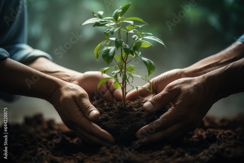 Ecology concept, hands holding plant a tree sapling with on ground. Nature Background. Hands hold a small tree for planting. green world earth day concept