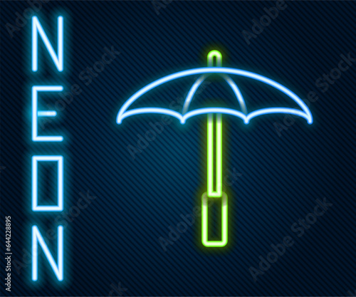Glowing neon line Sun protective umbrella for beach icon isolated on black background. Large parasol for outdoor space. Beach umbrella. Colorful outline concept. Vector