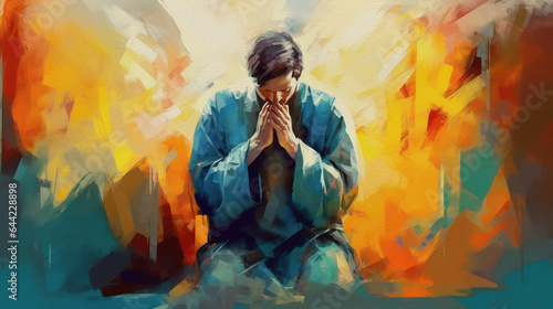 Young man praying to God with hands held together, generative ai