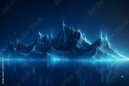 Blue digital mountain landscape with glowing light and particles. Abstract 3D background. Generative AI