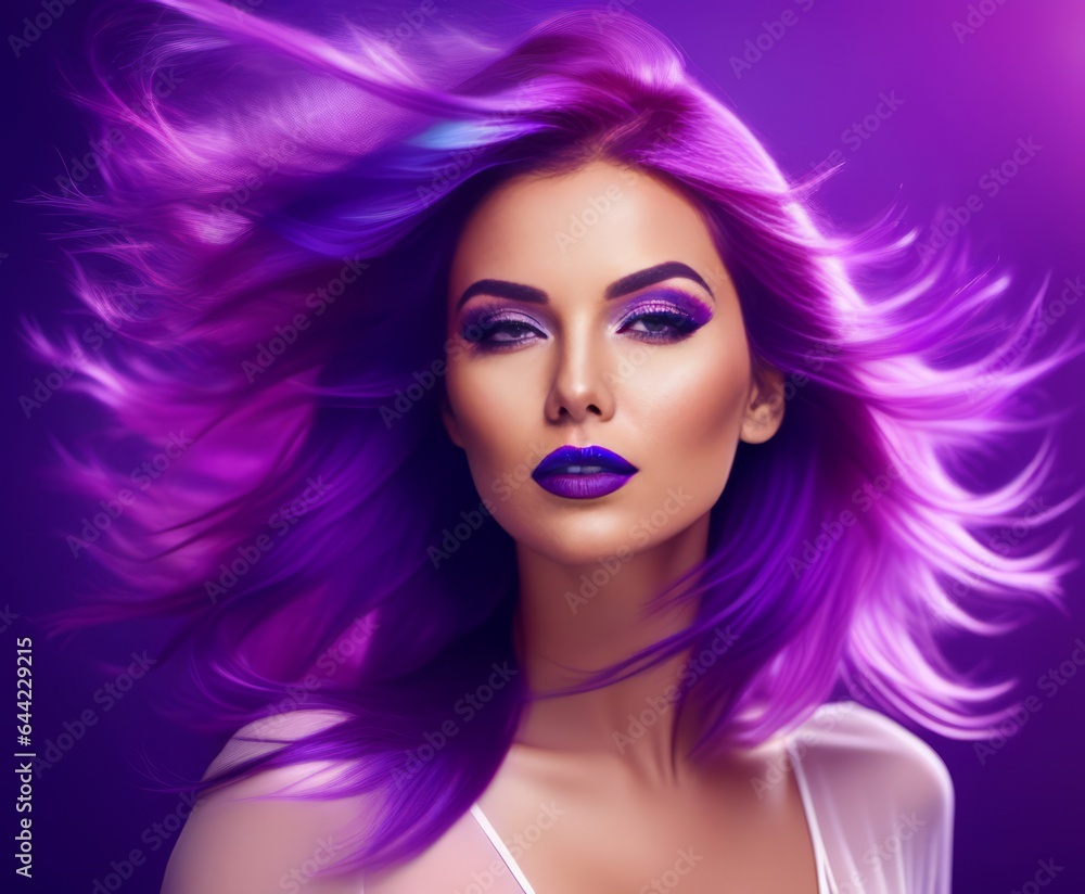 Portrait of a woman with bright colored flying hair, all shades of purple