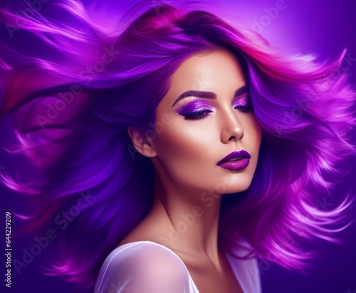 Portrait of a woman with bright colored flying hair, all shades of purple