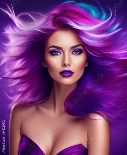 Portrait of a woman with bright colored flying hair, all shades of purple