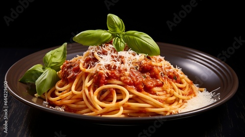 a classic Italian pasta dish, with al dente spaghetti, rich tomato sauce, and grated Parmesan cheese