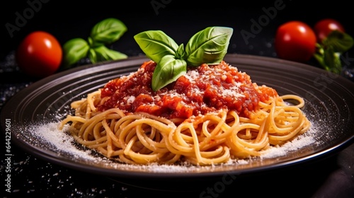 a classic Italian pasta dish, with al dente spaghetti, rich tomato sauce, and grated Parmesan cheese
