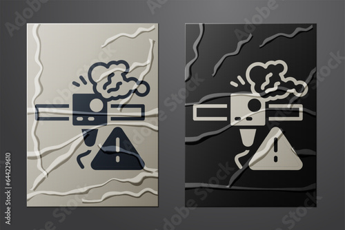 White 3D printer warning icon isolated on crumpled paper background. 3d printing. Paper art style. Vector