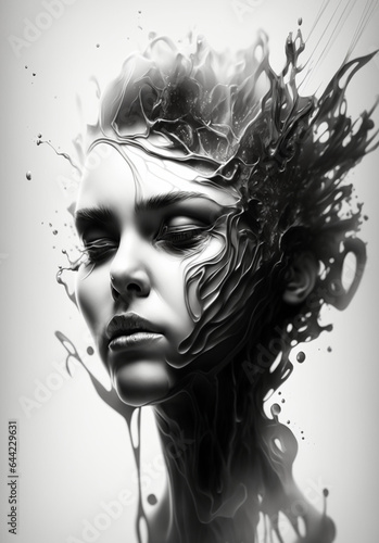 woman face closed eyes, splash on abstract face
