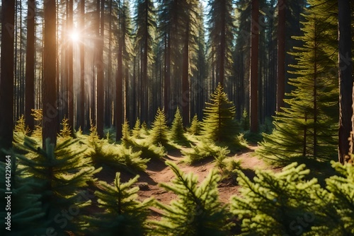 Natural Spruce Tree Forest in the Sun   