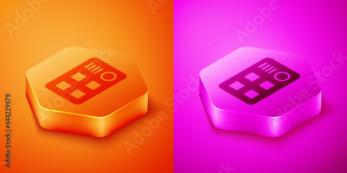 Isometric Drum machine icon isolated on orange and pink background. Musical equipment. Hexagon button. Vector