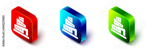 Isometric Babel tower bible story icon isolated on white background. Red, blue and green square button. Vector