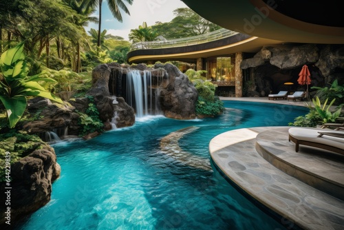 Tropical Resort with Waterfall Pool - AI Generated © ArquitecAi