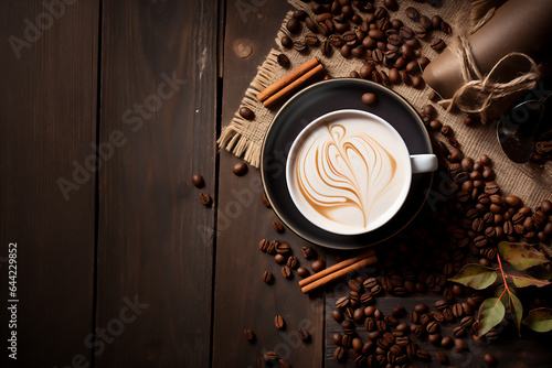 Coffee cup and coffee beans on a wooden background with decorations.