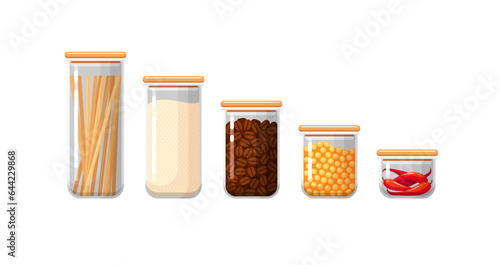Kitchen food containers, glass jars with pasta, coffee grains, flour, peas and chilli peppers. Clear plastic jars with lid for bulk and cereals, vector flat cartoon illustration isolated on white