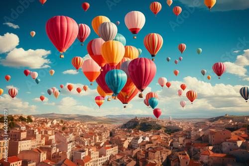 hot air balloons flying over beautiful landscape,holidays excursion