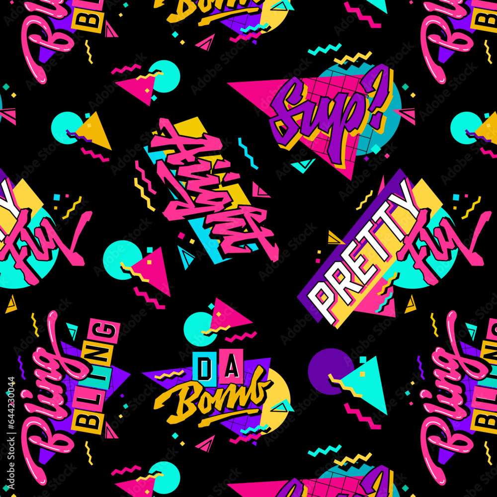 Bright trendy 90s style seamless pattern with retro slang lettering designs. Vivid calligraphy style typography elements on dark background. Vector illustration for fashion, print, web purposes.