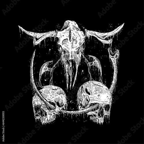 goat skull snake death metal illustration, hand drawn horror art, ink dark art