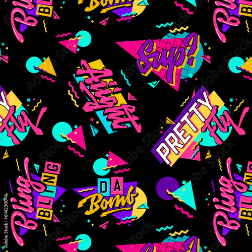 Bright trendy 90s style seamless pattern with retro slang lettering designs. Vivid calligraphy style typography elements on dark background. Vector illustration for fashion, print, web purposes.