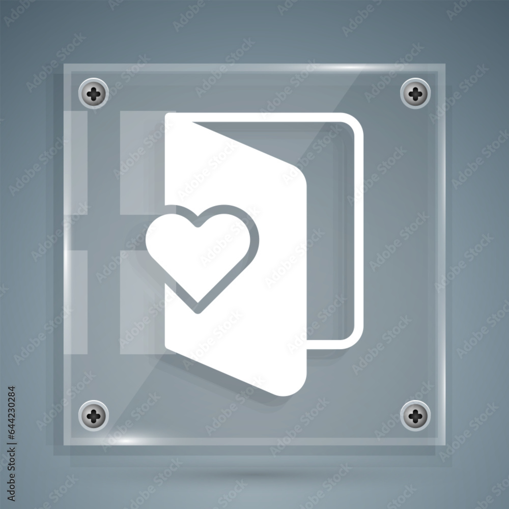 White Valentines day flyer with heart icon isolated on grey background. Celebration poster template for invitation or greeting card. Square glass panels. Vector White Valentines day flyer with heart icon isolated on grey background. Celebration poster template for invitation or greeting card. Square glass panels. Vector