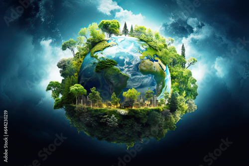 Green Trees on Earth in Space. Ecology Friendly. World Environment and Sustainable Development concept.