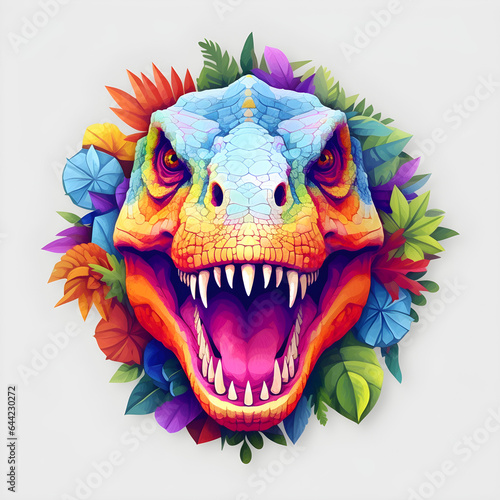 Cute face of a monster t rex dragon head mandala kids t-shirt design, colorful bright colors, isolated white background