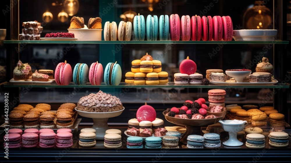 a French patisserie display, with an array of colorful macarons, éclairs, and pastries