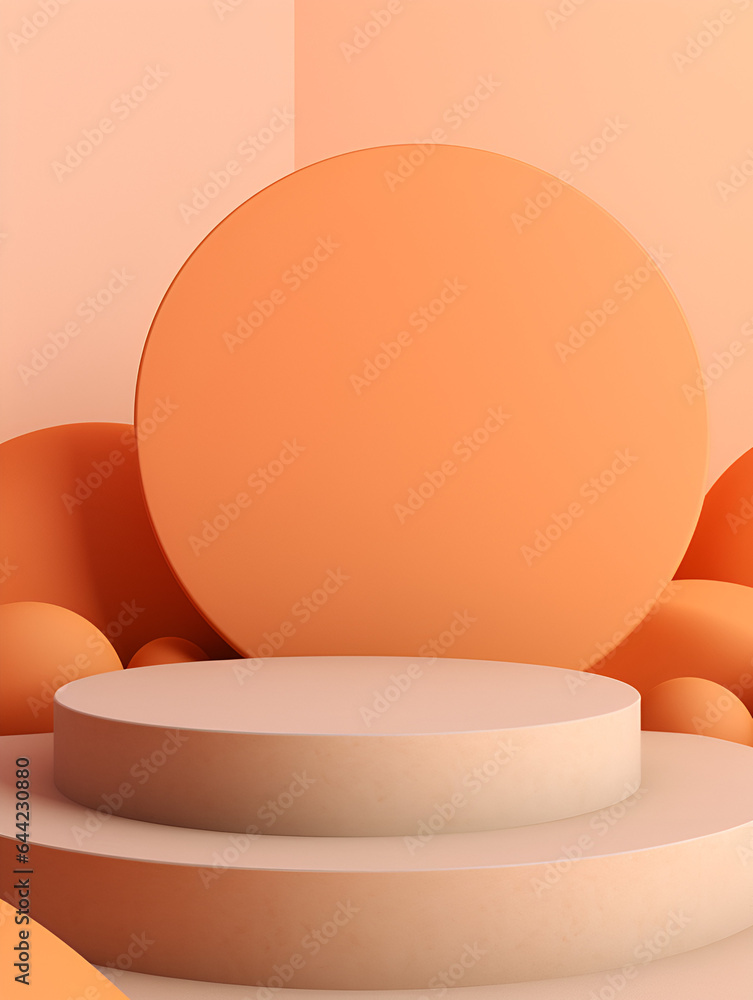 Minimalistic simple mock up background with a podium pedestal for products, soft orange apricot color Minimalistic simple mock up background with a podium pedestal for products, soft orange apricot color