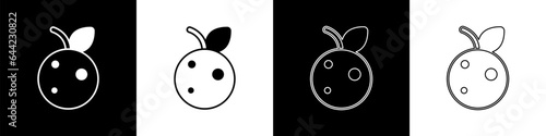 Set Peach fruit or nectarine with leaf icon isolated on black and white background. Vector