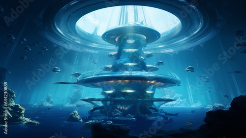 a futuristic underwater research facility with transparent viewing domes and marine life all around © Muhammad