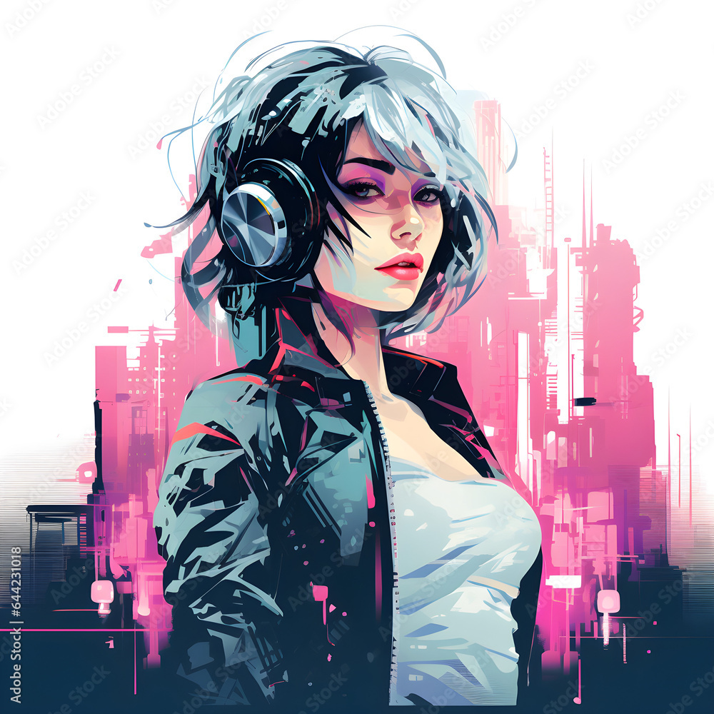 Cyberpunk girl with headphones in city retro outer space 80s vintage t-shirt design Cyberpunk girl with headphones in city retro outer space 80s vintage t-shirt design