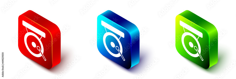 Isometric Boxing gong icon isolated on white background. Boxing bell. Red, blue and green square button. Vector Isometric Boxing gong icon isolated on white background. Boxing bell. Red, blue and green square button. Vector