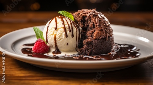 a gourmet chocolate dessert, with a molten lava cake oozing with warm chocolate and a scoop of vanilla ice cream