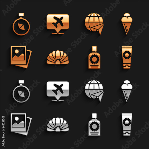 Set Scallop sea shell, Ice cream in waffle cone, Sunscreen tube, spray bottle, Photo, Globe with flying plane, Compass and Speech bubble airplane icon. Vector
