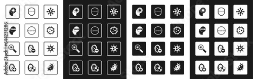 Set Virus, Corona virus covid-19, Human and, Shield protecting from, and under magnifying glass icon. Vector