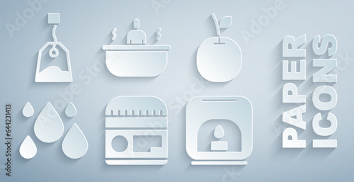 Set Cream or lotion cosmetic tube, Apple, Water drop, Aroma lamp, Bathtub and Tea bag icon. Vector