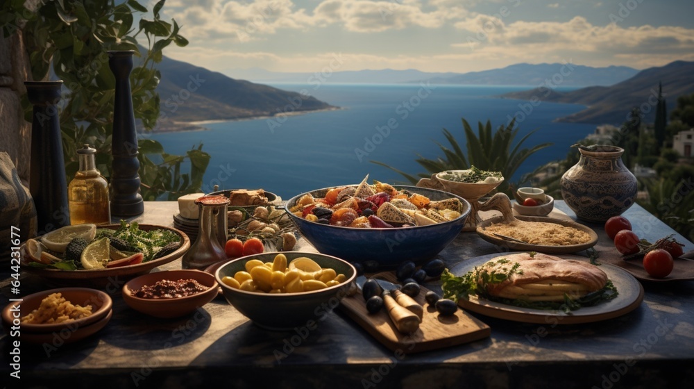 a Mediterranean feast, with a spread of mezze, grilled meats, pita bread, and a Mediterranean backdrop