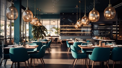 a high-definition image of a modern restaurant interior, featuring sleek furniture, ambient lighting, and a chic color palette