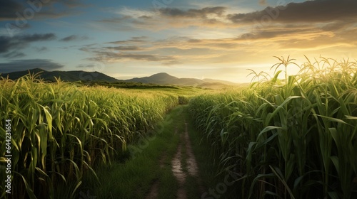 a high-definition image of a lush sugarcane field at golden hour © Muhammad