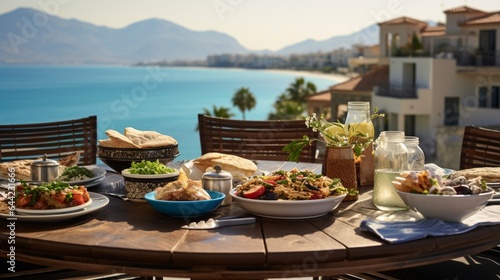 a Mediterranean feast, with a spread of mezze, grilled meats, pita bread, and a Mediterranean backdrop