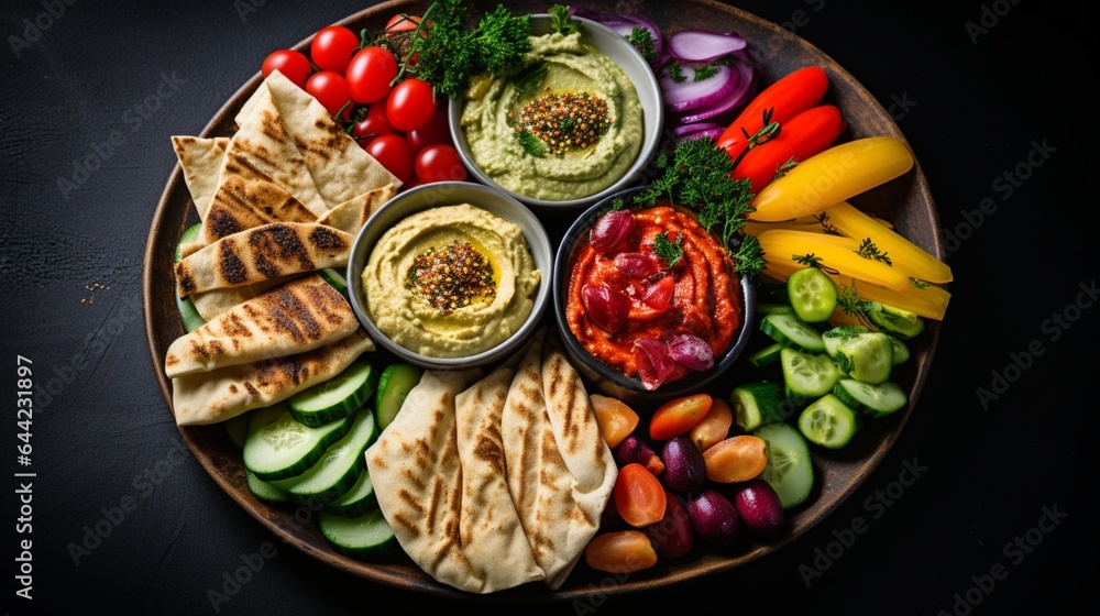 a platter of Mediterranean mezze, with hummus, falafel, pita bread, and a rainbow of vegetable dips